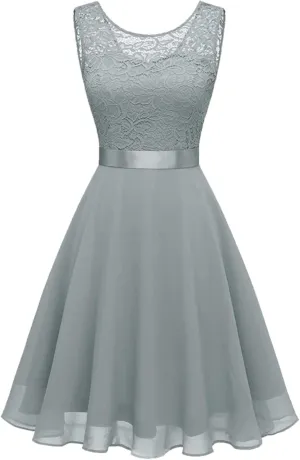Women Mesh Floral Embroidery Cocktail Dress Sleevelesss Crewneck Flared a Line Midi Dress Wedding Prom Evening Dress
