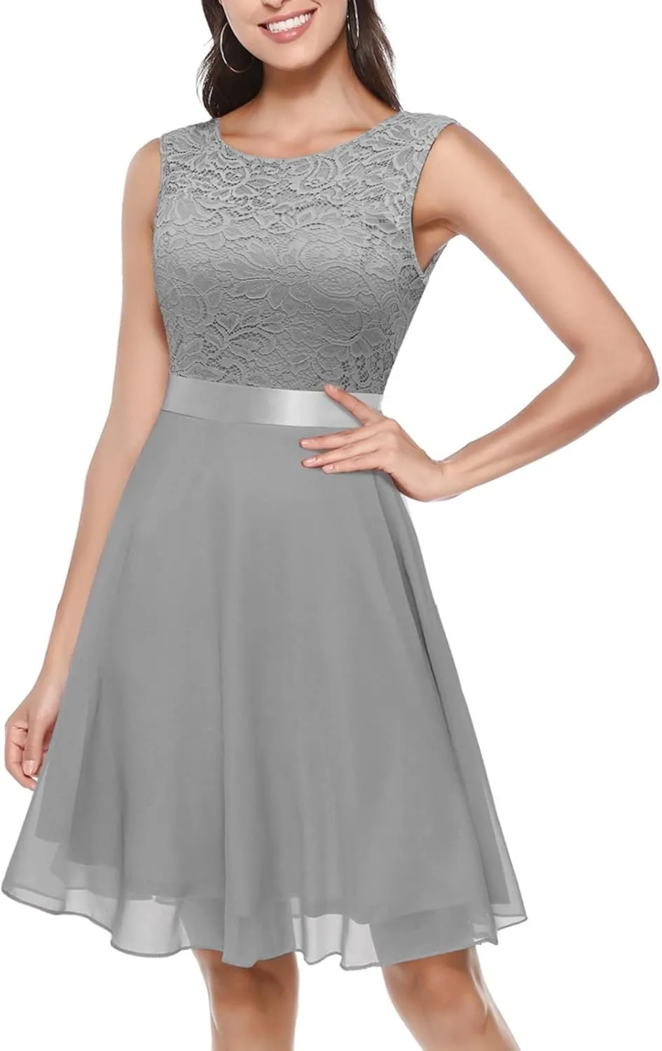 Women Mesh Floral Embroidery Cocktail Dress Sleevelesss Crewneck Flared a Line Midi Dress Wedding Prom Evening Dress
