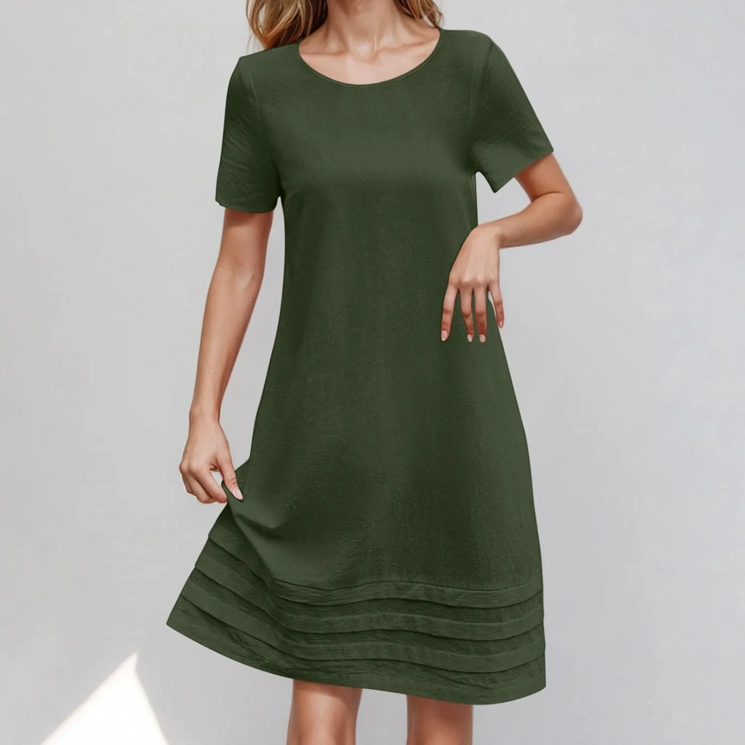 Women Pleated Hem T Shirt Dress Summer Cotton Linen Short Sleeve Crewneck A-Line Dresses Casual Beach Knee Dress