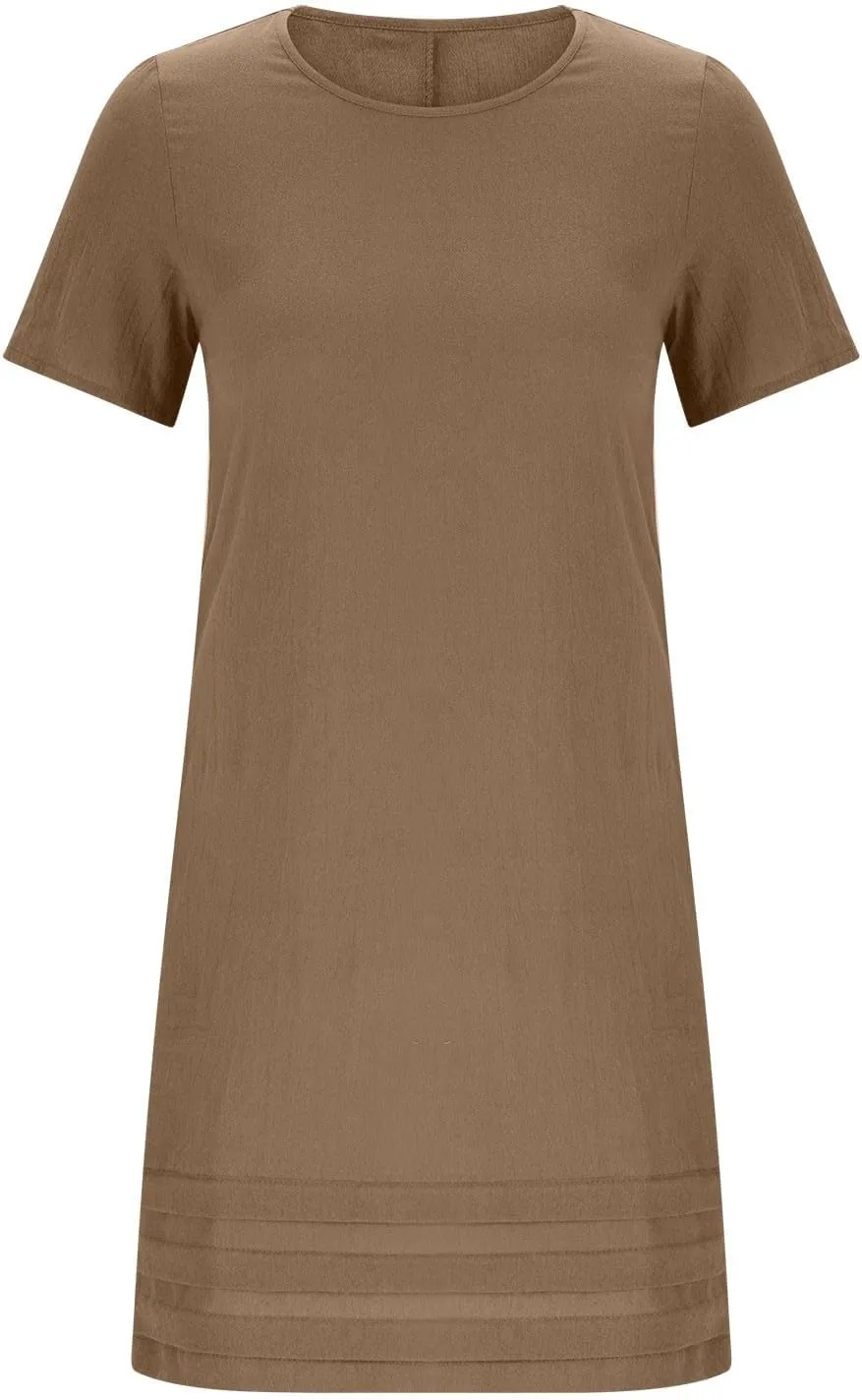 Women Pleated Hem T Shirt Dress Summer Cotton Linen Short Sleeve Crewneck A-Line Dresses Casual Beach Knee Dress