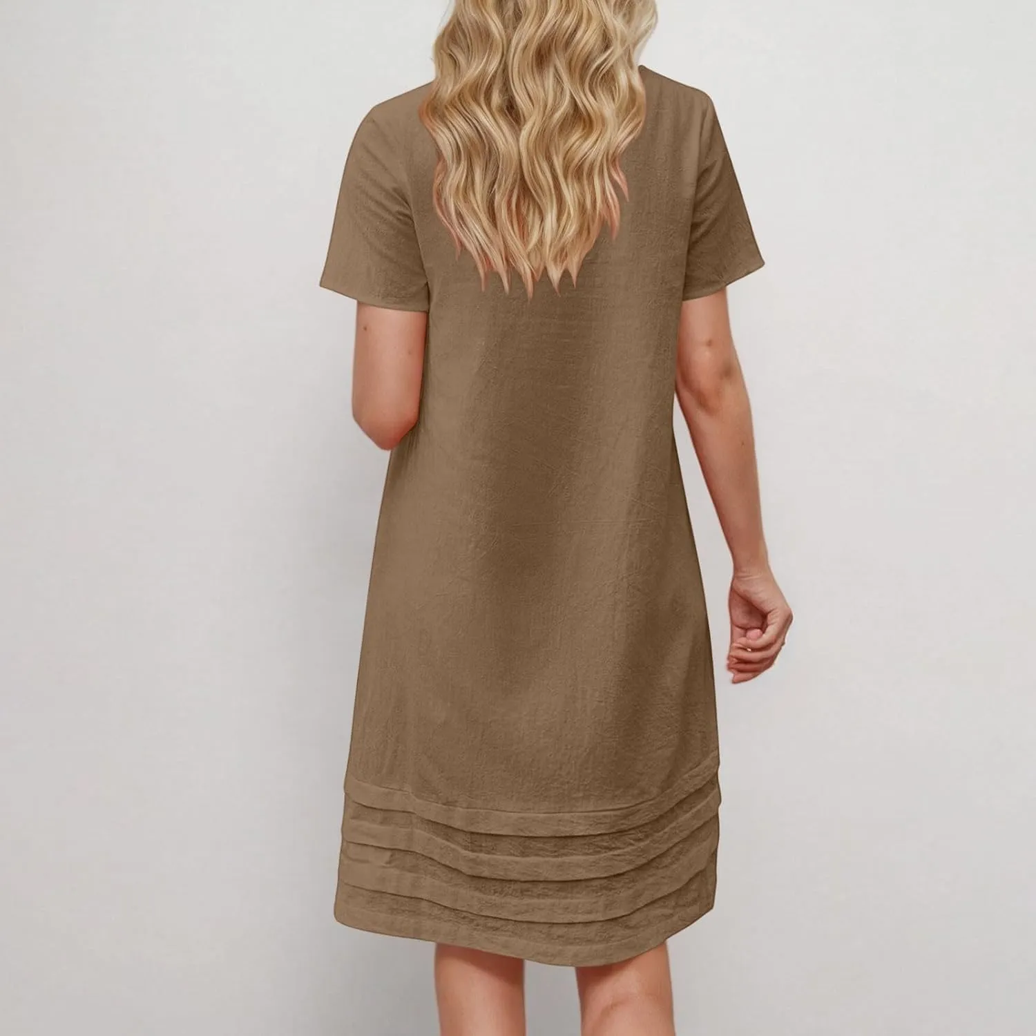 Women Pleated Hem T Shirt Dress Summer Cotton Linen Short Sleeve Crewneck A-Line Dresses Casual Beach Knee Dress