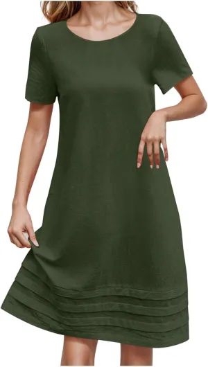 Women Pleated Hem T Shirt Dress Summer Cotton Linen Short Sleeve Crewneck A-Line Dresses Casual Beach Knee Dress