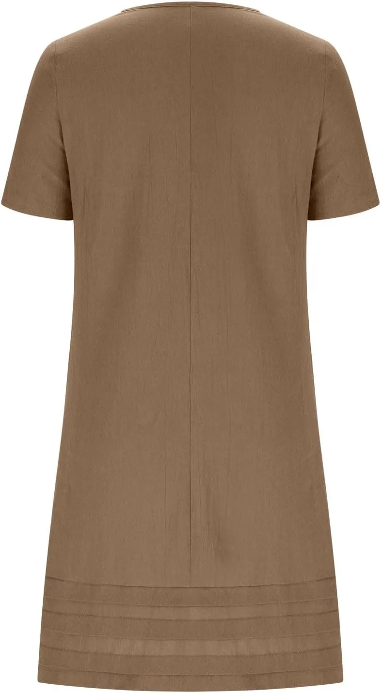Women Pleated Hem T Shirt Dress Summer Cotton Linen Short Sleeve Crewneck A-Line Dresses Casual Beach Knee Dress