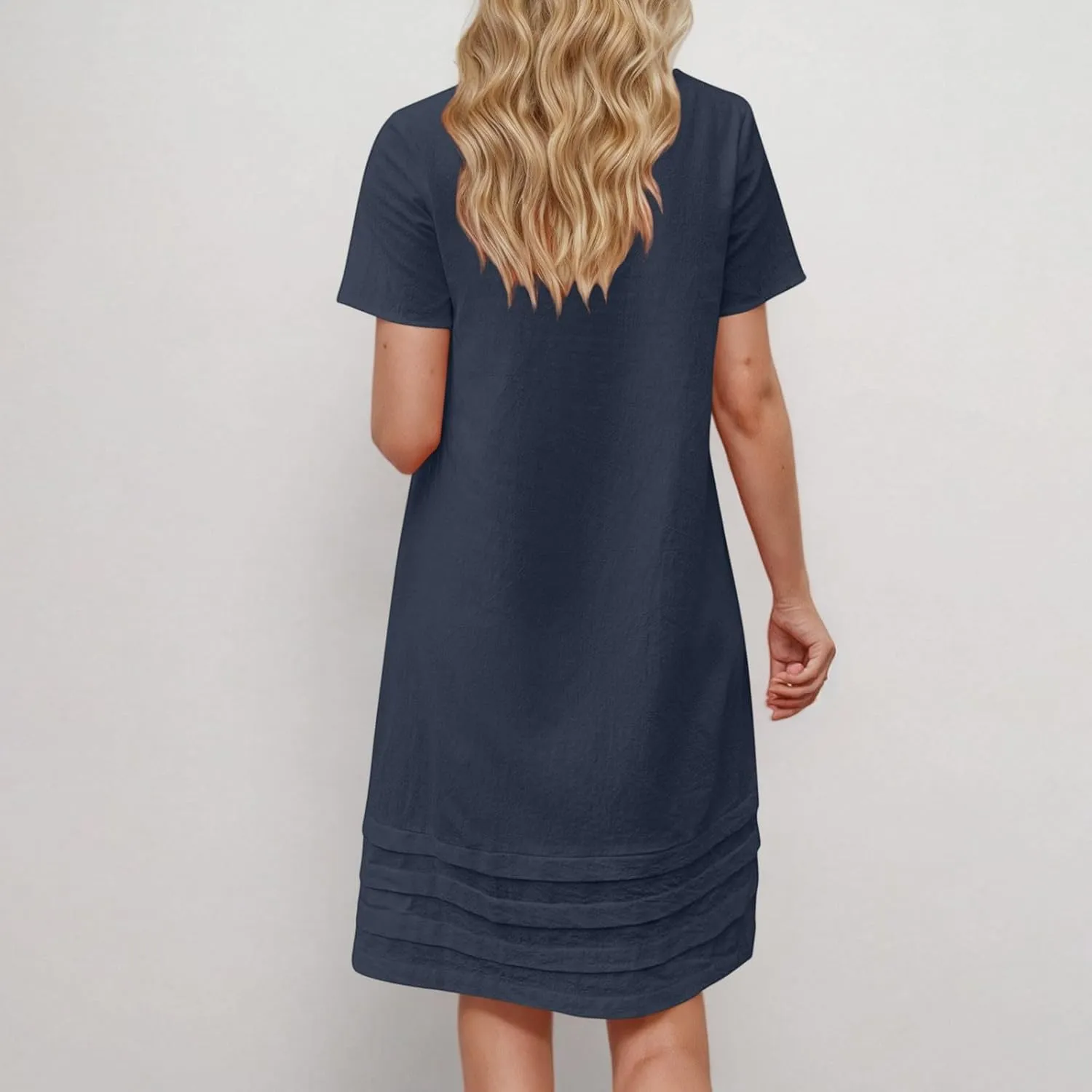 Women Pleated Hem T Shirt Dress Summer Cotton Linen Short Sleeve Crewneck A-Line Dresses Casual Beach Knee Dress