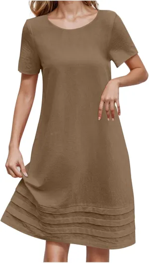 Women Pleated Hem T Shirt Dress Summer Cotton Linen Short Sleeve Crewneck A-Line Dresses Casual Beach Knee Dress