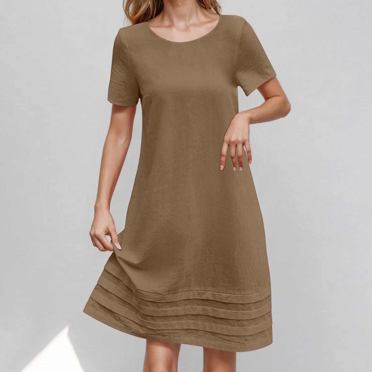 Women Pleated Hem T Shirt Dress Summer Cotton Linen Short Sleeve Crewneck A-Line Dresses Casual Beach Knee Dress