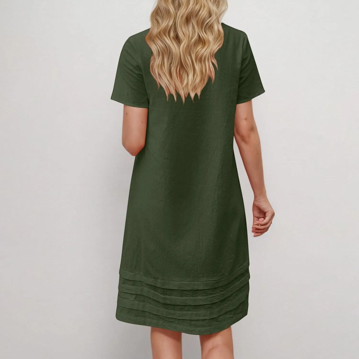 Women Pleated Hem T Shirt Dress Summer Cotton Linen Short Sleeve Crewneck A-Line Dresses Casual Beach Knee Dress