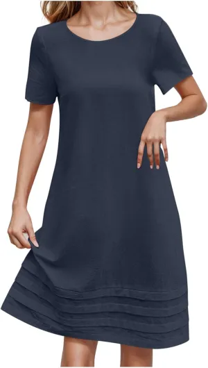 Women Pleated Hem T Shirt Dress Summer Cotton Linen Short Sleeve Crewneck A-Line Dresses Casual Beach Knee Dress