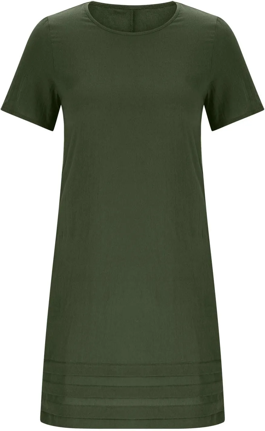 Women Pleated Hem T Shirt Dress Summer Cotton Linen Short Sleeve Crewneck A-Line Dresses Casual Beach Knee Dress