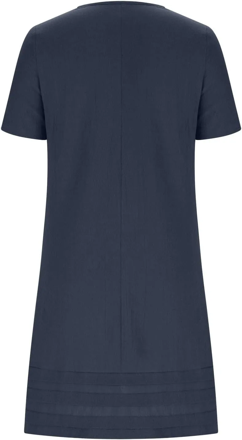 Women Pleated Hem T Shirt Dress Summer Cotton Linen Short Sleeve Crewneck A-Line Dresses Casual Beach Knee Dress