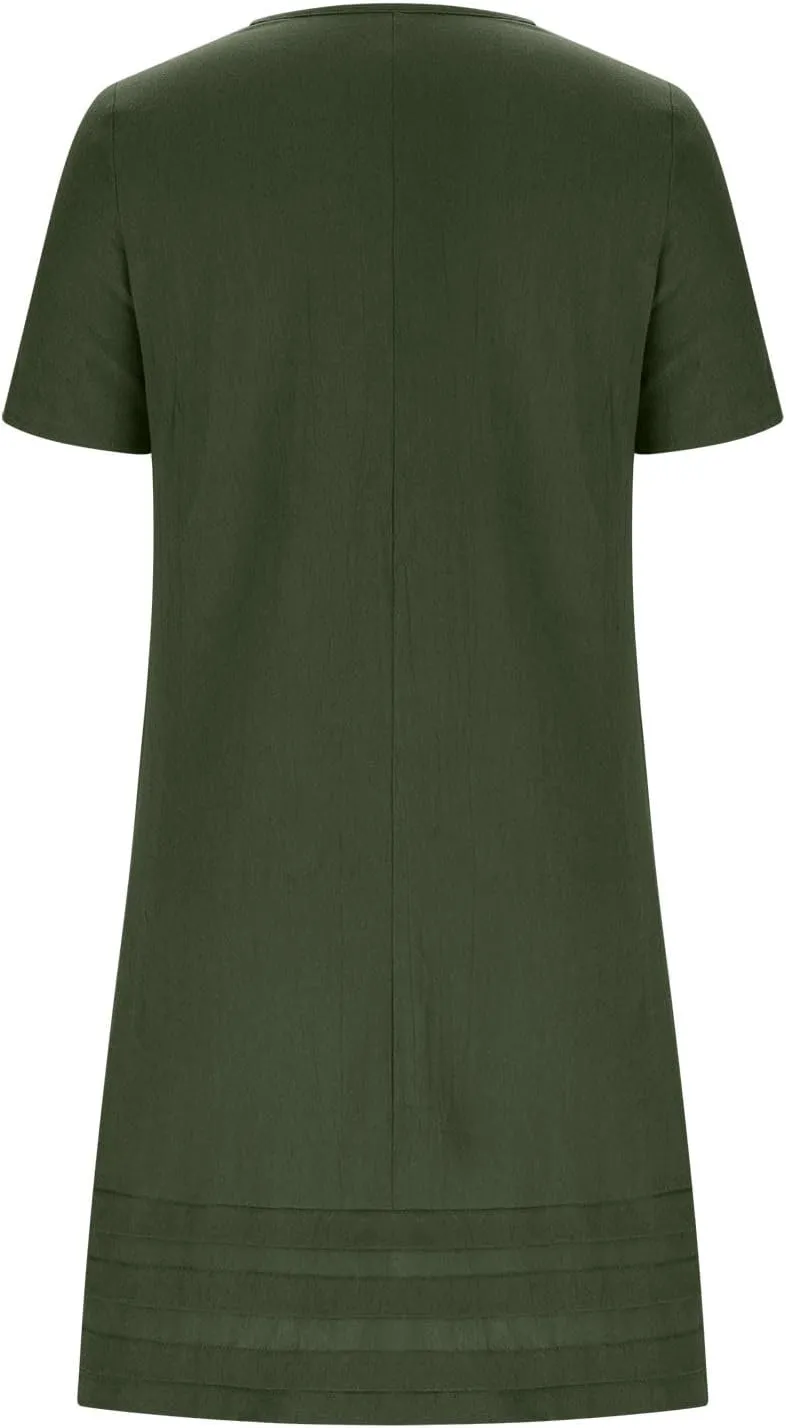 Women Pleated Hem T Shirt Dress Summer Cotton Linen Short Sleeve Crewneck A-Line Dresses Casual Beach Knee Dress