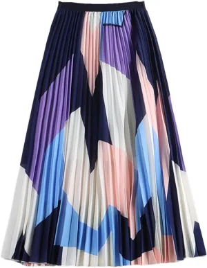Women Pleated Skirt Contrast Color Geometric A Line High Waist Long Skirt Midi Vintage Skirt