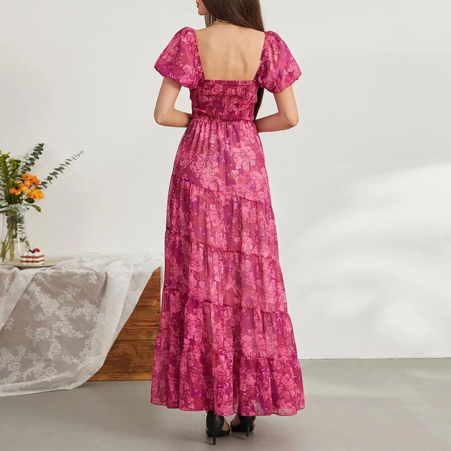 Women Short Puff Sleeve Flowy Maxi Dress Sweetheart Neck Floral Boho Dress Beach Vacation Sundresses
