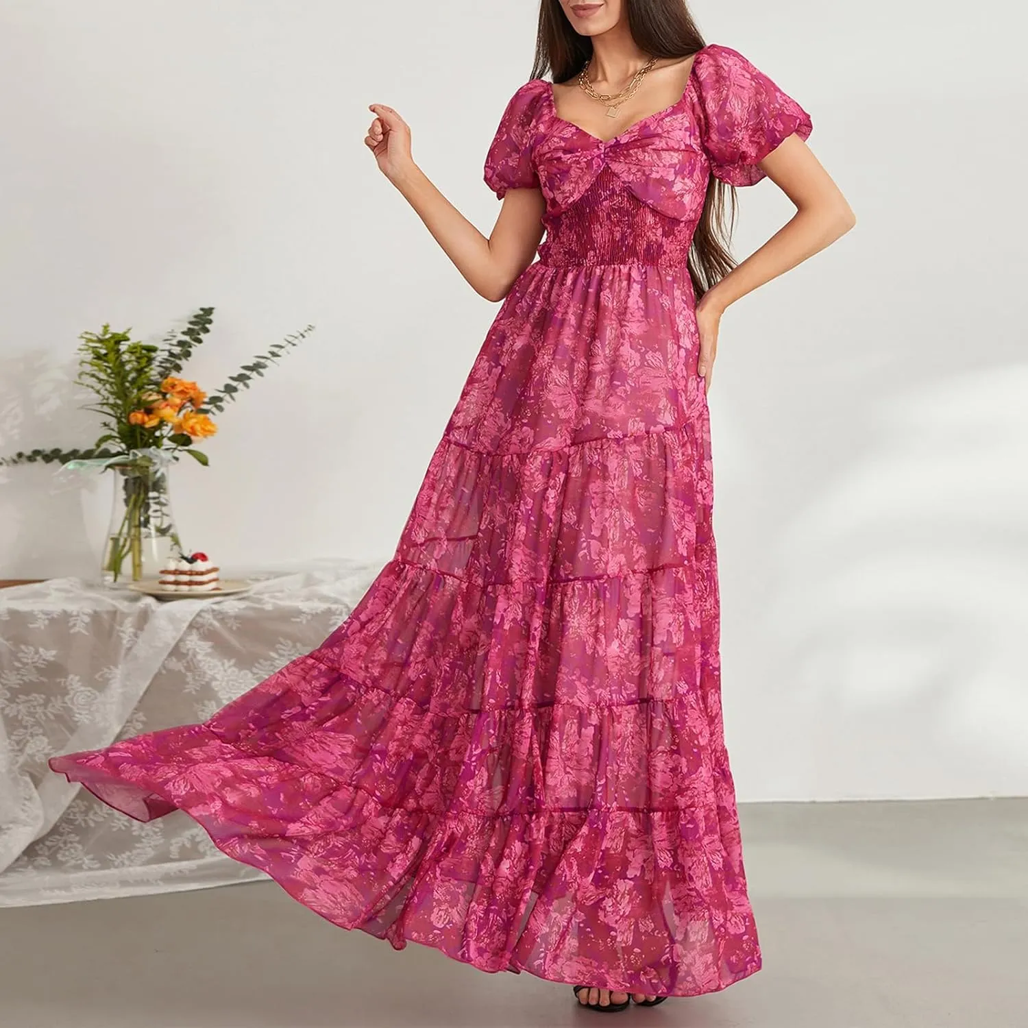 Women Short Puff Sleeve Flowy Maxi Dress Sweetheart Neck Floral Boho Dress Beach Vacation Sundresses
