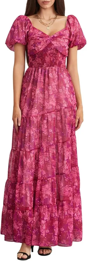 Women Short Puff Sleeve Flowy Maxi Dress Sweetheart Neck Floral Boho Dress Beach Vacation Sundresses
