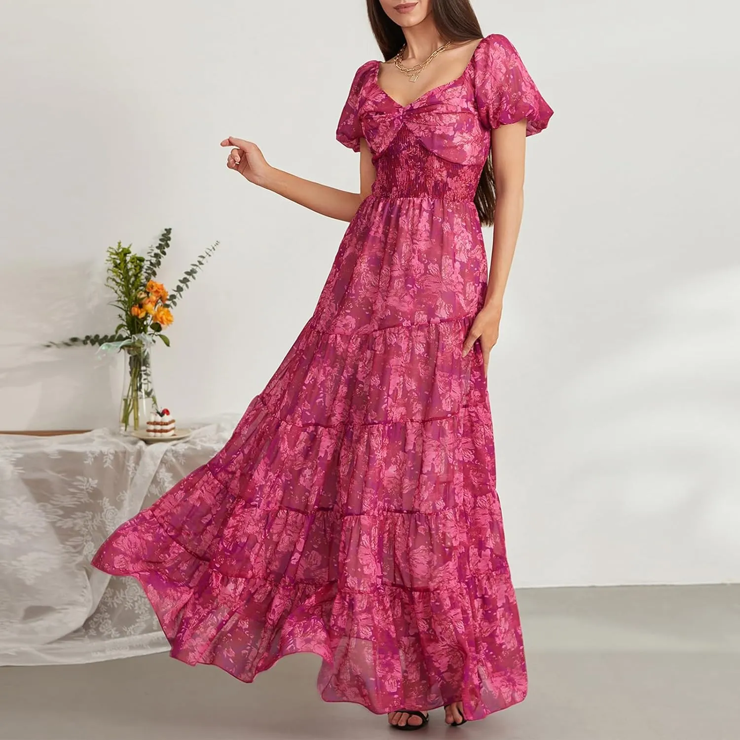 Women Short Puff Sleeve Flowy Maxi Dress Sweetheart Neck Floral Boho Dress Beach Vacation Sundresses