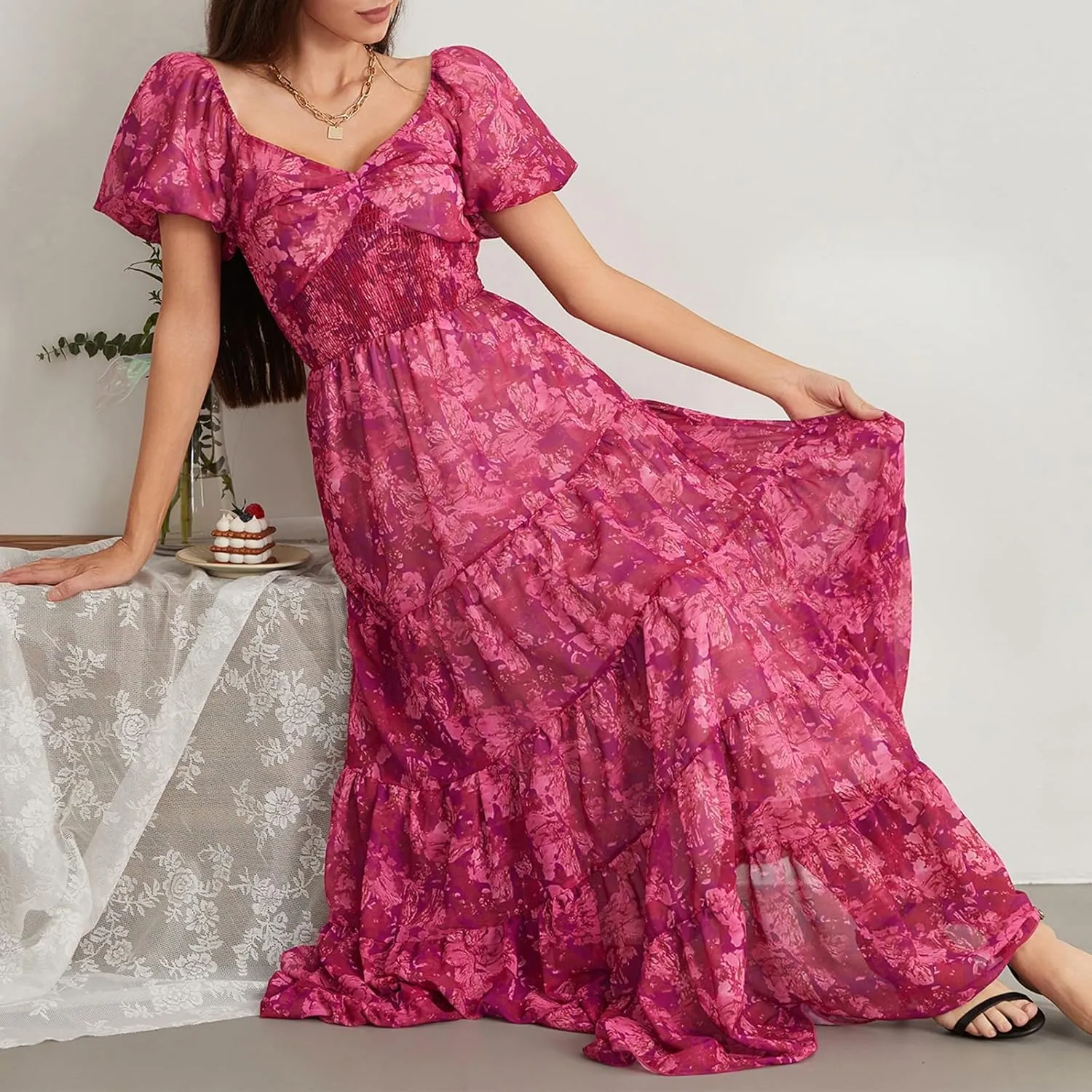 Women Short Puff Sleeve Flowy Maxi Dress Sweetheart Neck Floral Boho Dress Beach Vacation Sundresses