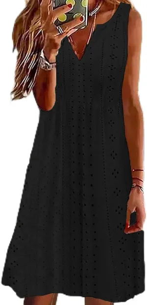 Women Sweetheart Embroidery Eyelet Tank Dress Solid Plunging Neckline Sleeveless Sundress Casual Vacation Beach Dress