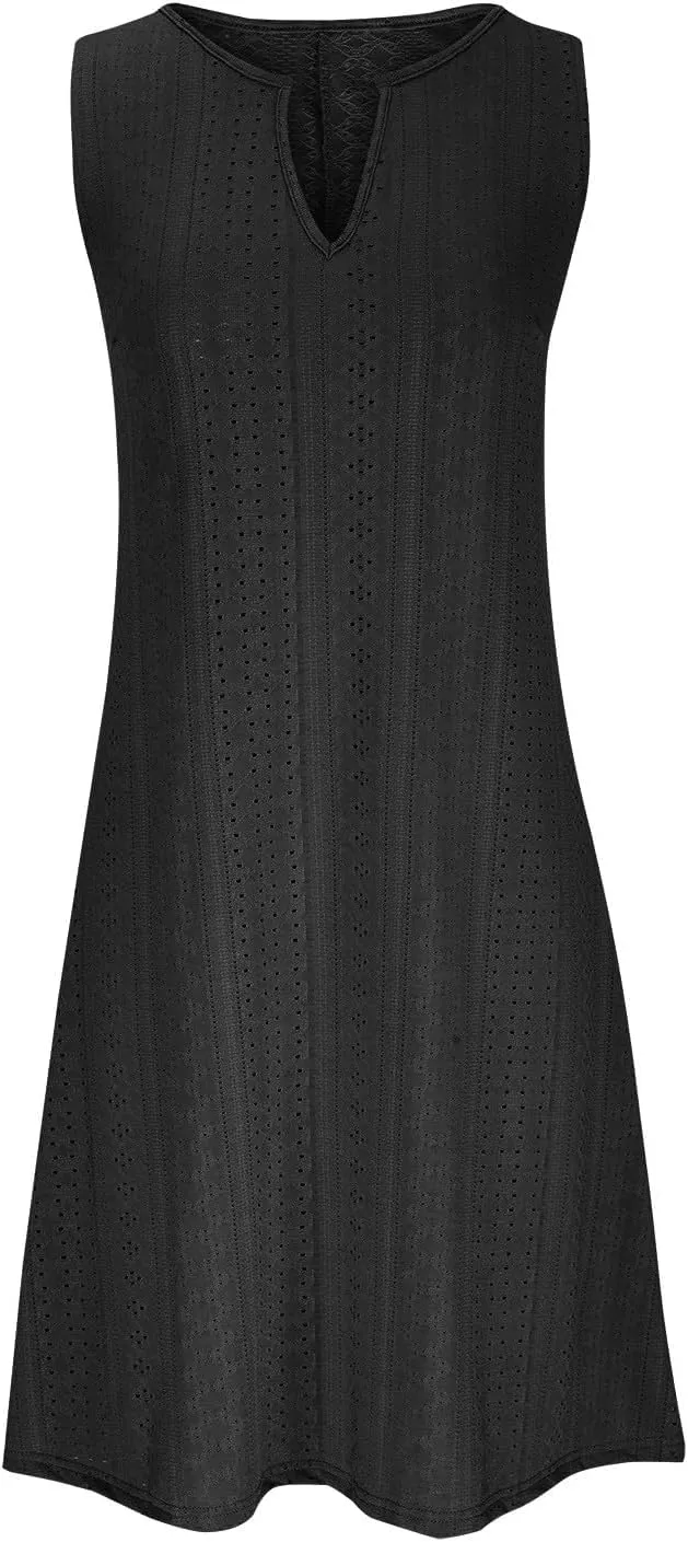 Women Sweetheart Embroidery Eyelet Tank Dress Solid Plunging Neckline Sleeveless Sundress Casual Vacation Beach Dress