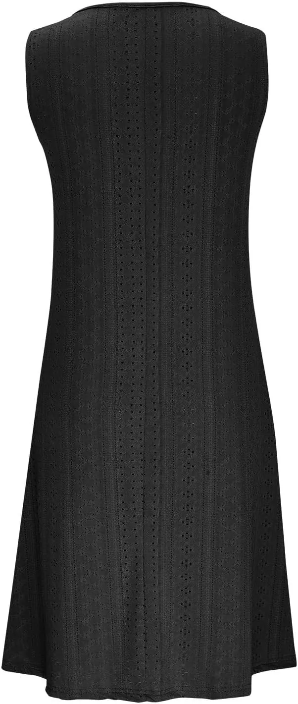 Women Sweetheart Embroidery Eyelet Tank Dress Solid Plunging Neckline Sleeveless Sundress Casual Vacation Beach Dress