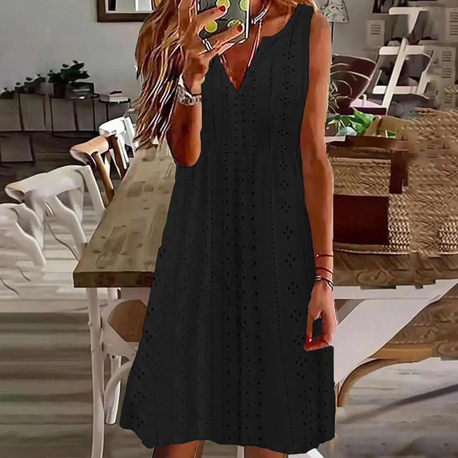 Women Sweetheart Embroidery Eyelet Tank Dress Solid Plunging Neckline Sleeveless Sundress Casual Vacation Beach Dress