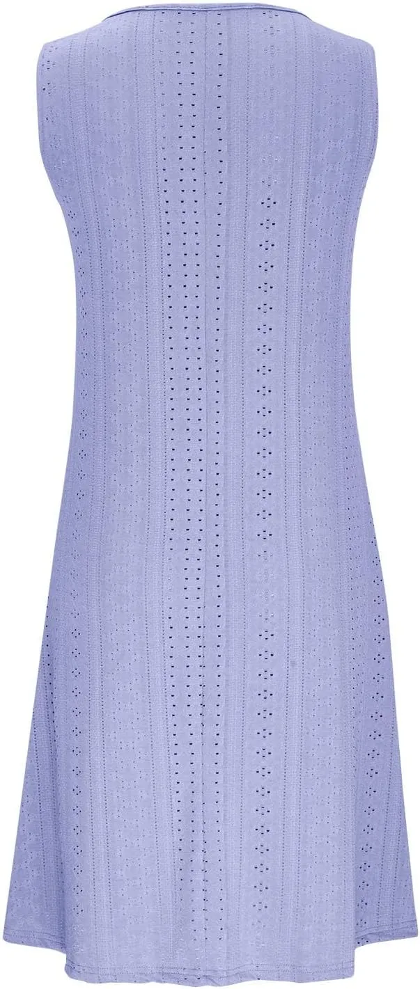 Women Sweetheart Embroidery Eyelet Tank Dress Solid Plunging Neckline Sleeveless Sundress Casual Vacation Beach Dress