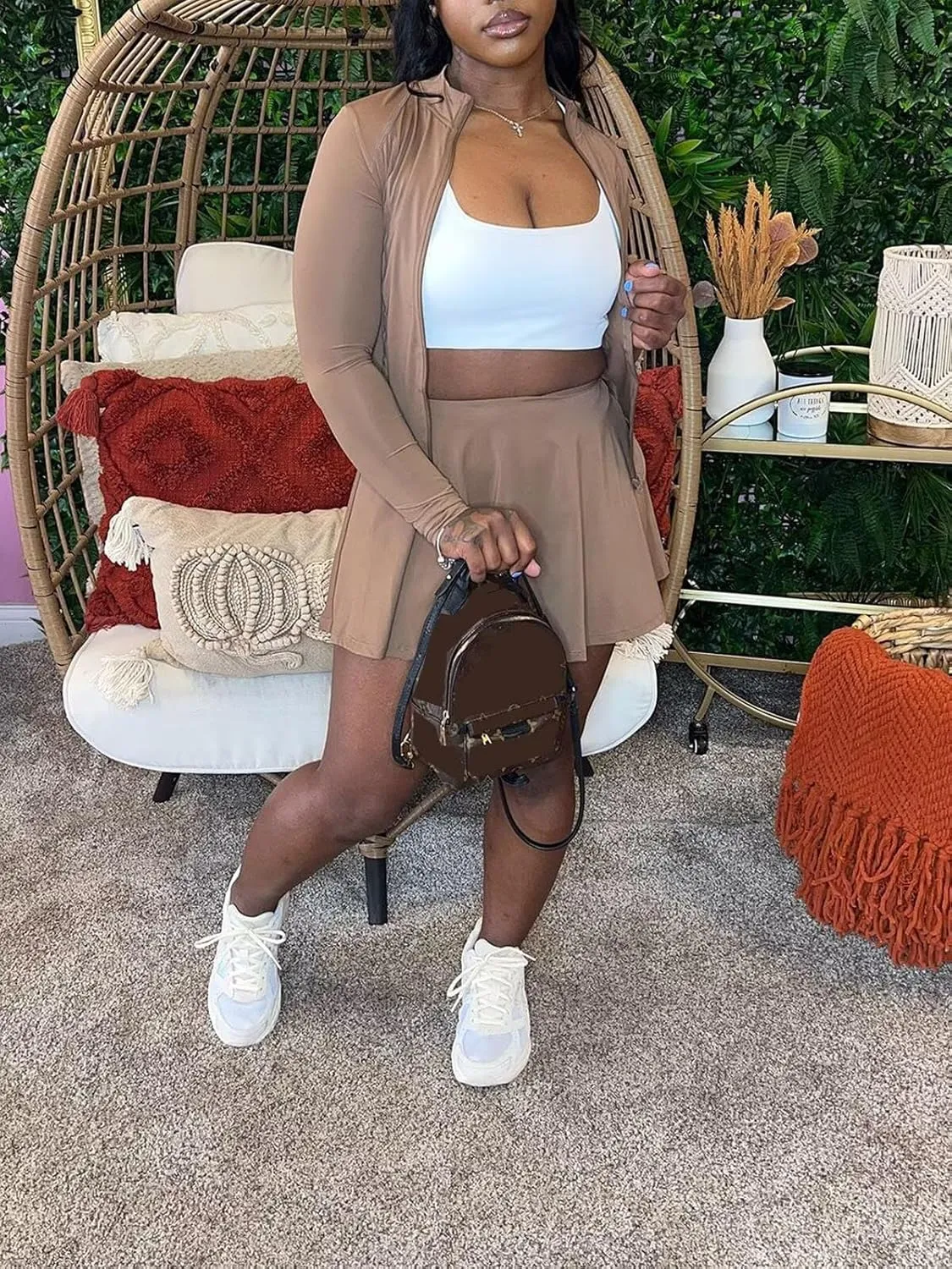 Women Two Piece Skirt Set Zip Up Crop Tops Mini Skirts Casual Dress Matching Set