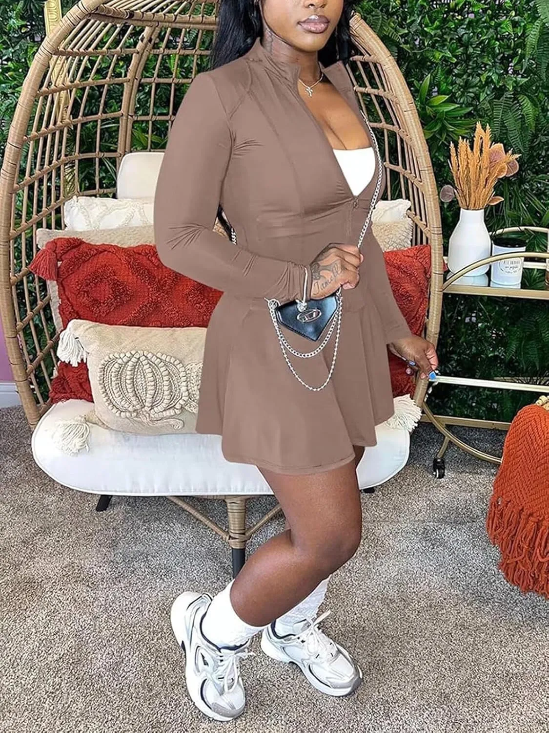Women Two Piece Skirt Set Zip Up Crop Tops Mini Skirts Casual Dress Matching Set