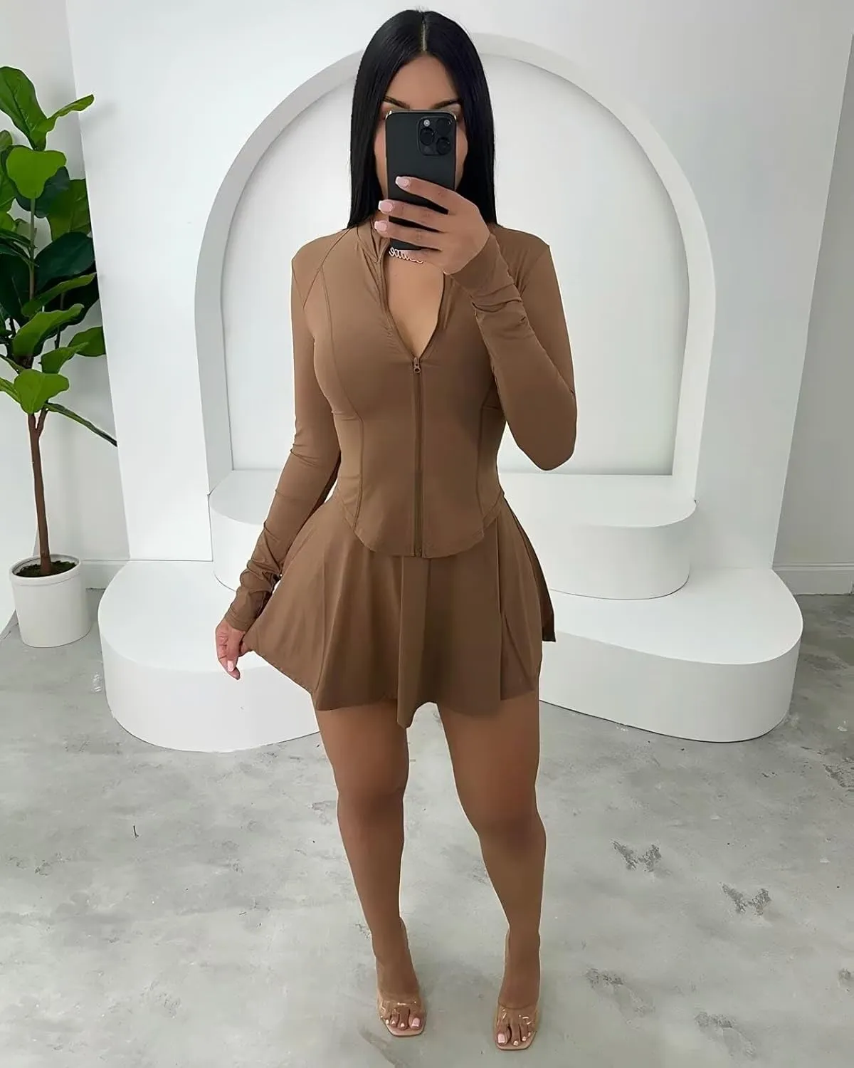 Women Two Piece Skirt Set Zip Up Crop Tops Mini Skirts Casual Dress Matching Set