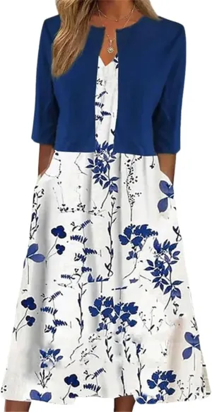 Womens 2 Piece Set Fashion Unique Plant Print Midi Dress with Jacket Cardigan Wedding Guest Floral Print Midi Dresses