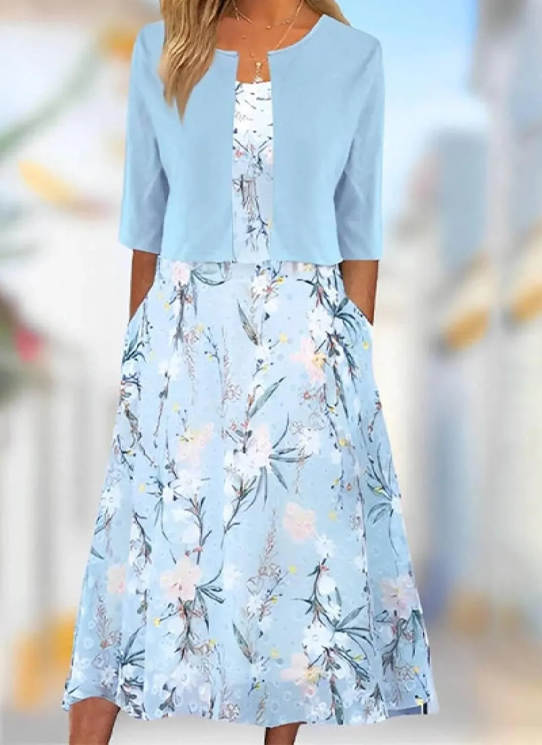 Womens 2 Piece Set Fashion Unique Plant Print Midi Dress with Jacket Cardigan Wedding Guest Floral Print Midi Dresses