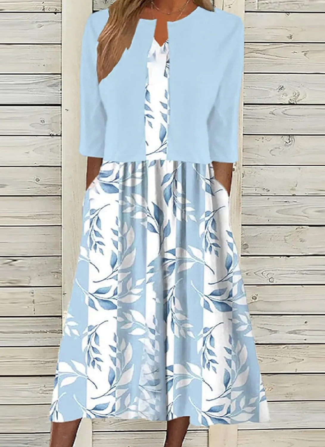 Womens 2 Piece Set Fashion Unique Plant Print Midi Dress with Jacket Cardigan Wedding Guest Floral Print Midi Dresses