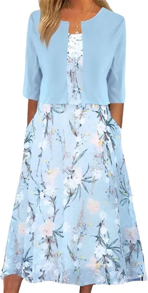 Womens 2 Piece Set Fashion Unique Plant Print Midi Dress with Jacket Cardigan Wedding Guest Floral Print Midi Dresses