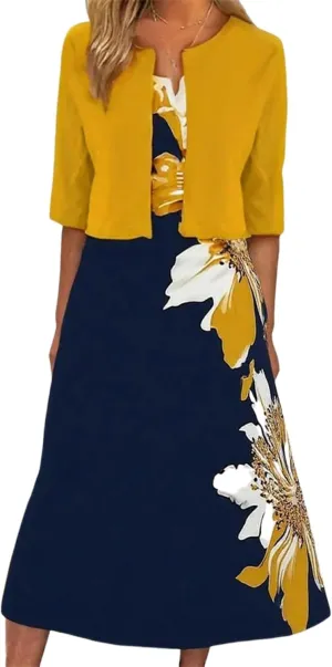 Womens 2 Piece Set Fashion Unique Plant Print Midi Dress with Jacket Cardigan Wedding Guest Floral Print Midi Dresses