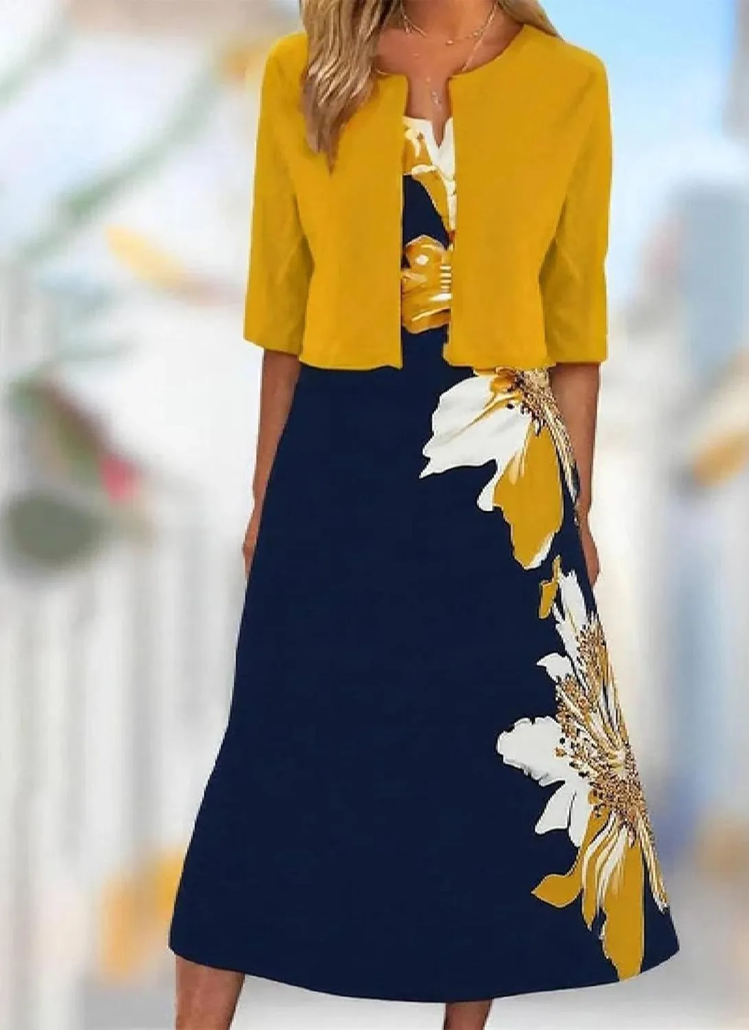 Womens 2 Piece Set Fashion Unique Plant Print Midi Dress with Jacket Cardigan Wedding Guest Floral Print Midi Dresses