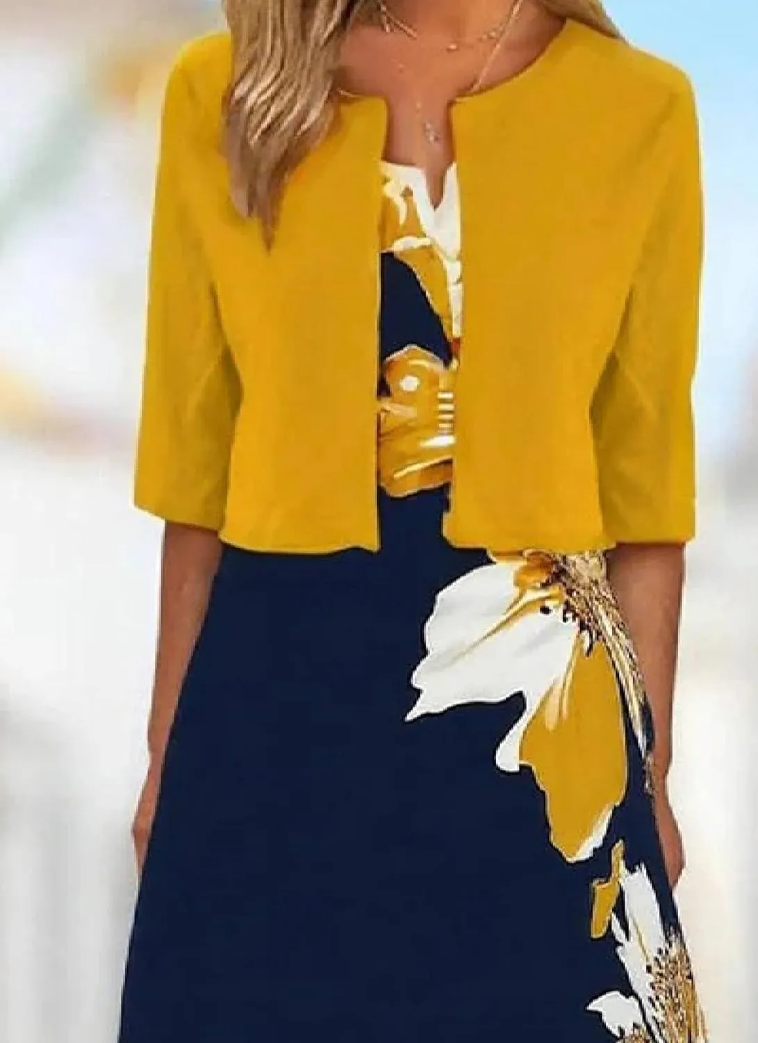 Womens 2 Piece Set Fashion Unique Plant Print Midi Dress with Jacket Cardigan Wedding Guest Floral Print Midi Dresses