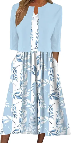 Womens 2 Piece Set Fashion Unique Plant Print Midi Dress with Jacket Cardigan Wedding Guest Floral Print Midi Dresses