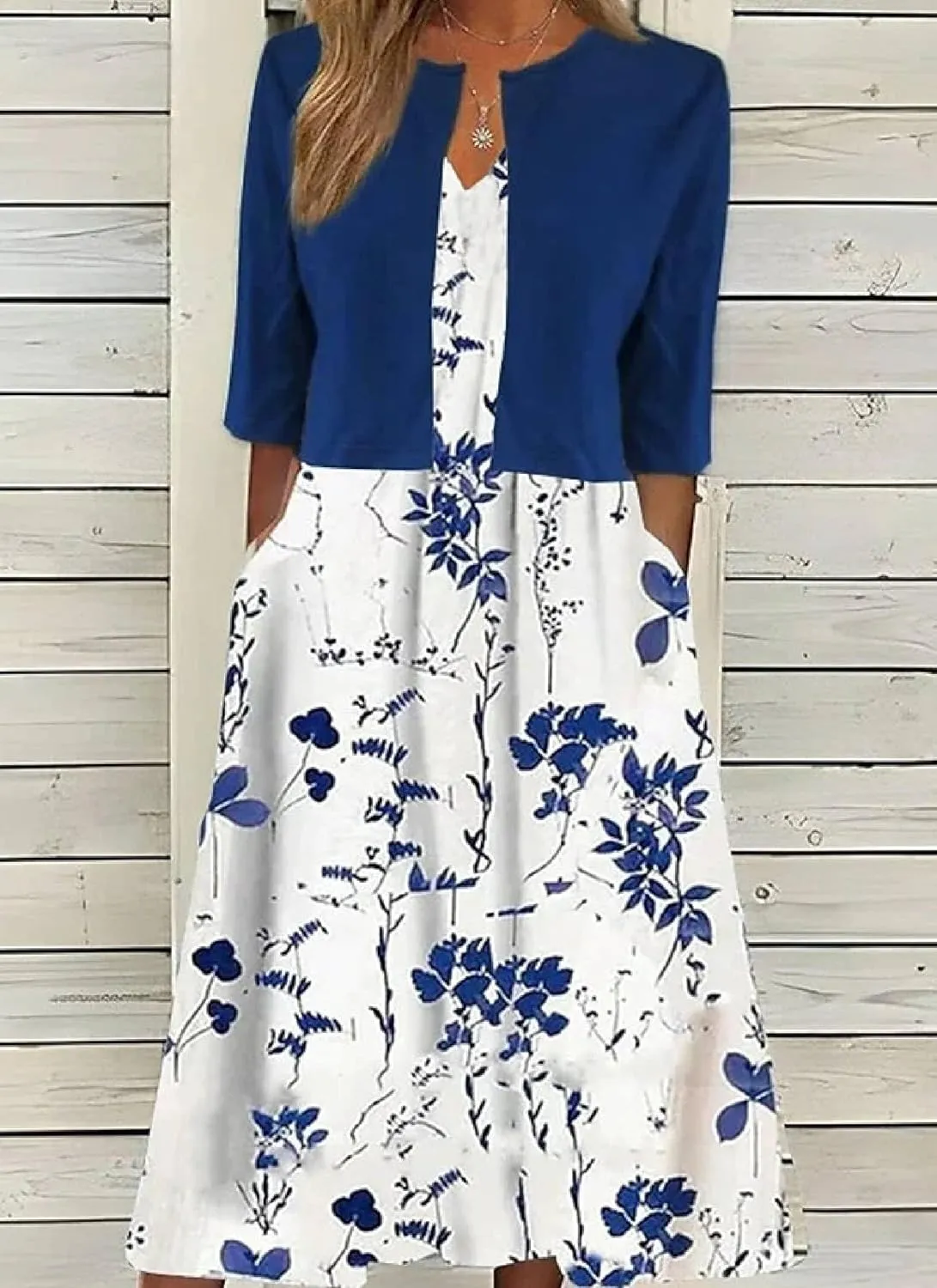 Womens 2 Piece Set Fashion Unique Plant Print Midi Dress with Jacket Cardigan Wedding Guest Floral Print Midi Dresses