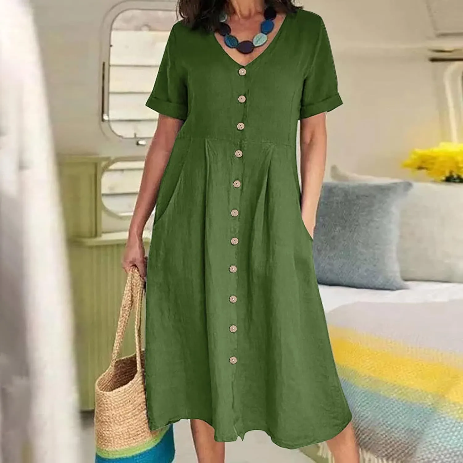 Women's 2025 Plus Size Cotton Linen Dresses Short Sleeve V-Neck Solid Shirt Dress Summer Loose Fit Dress with Pockets