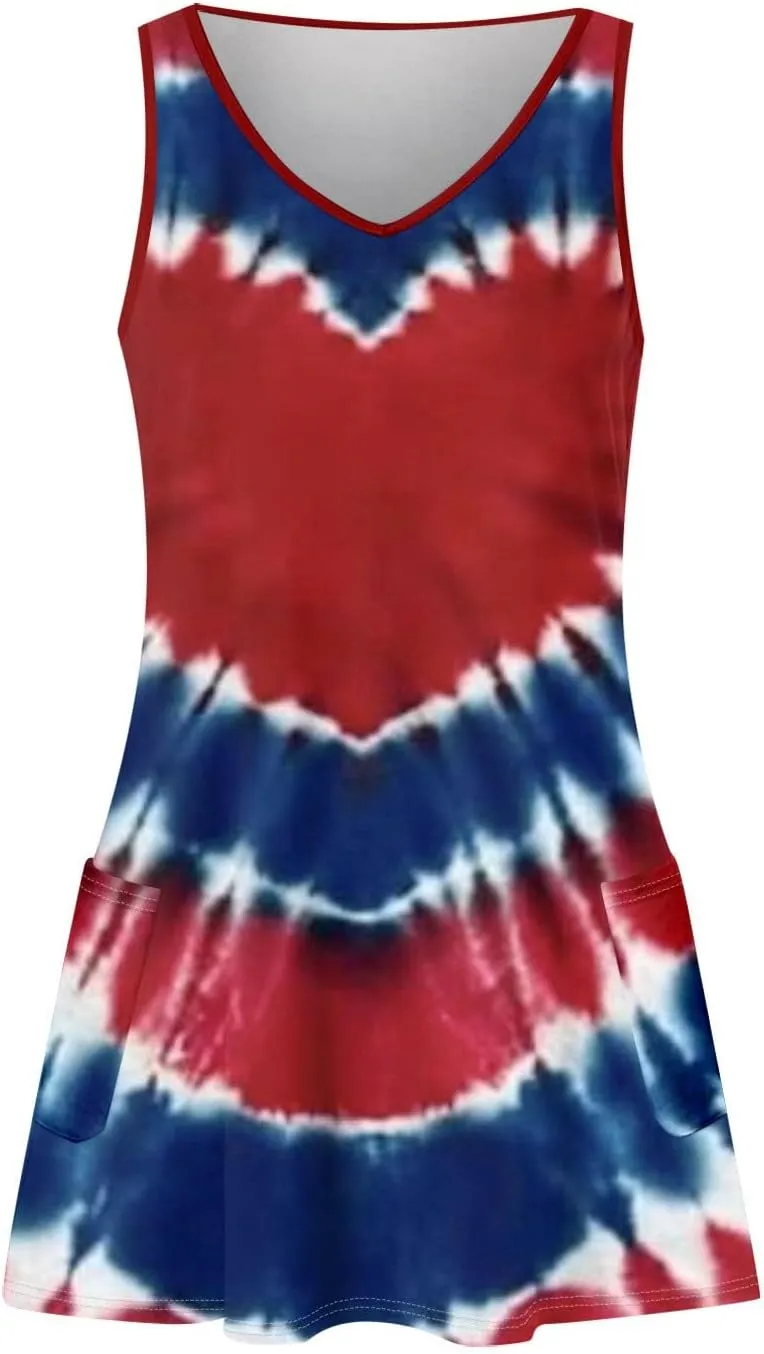 Womens American Flag Midi Sundress V Neck Independence Day Tank Dress Baggy Boho Patriotic Beach Sun Dress w/Pockets