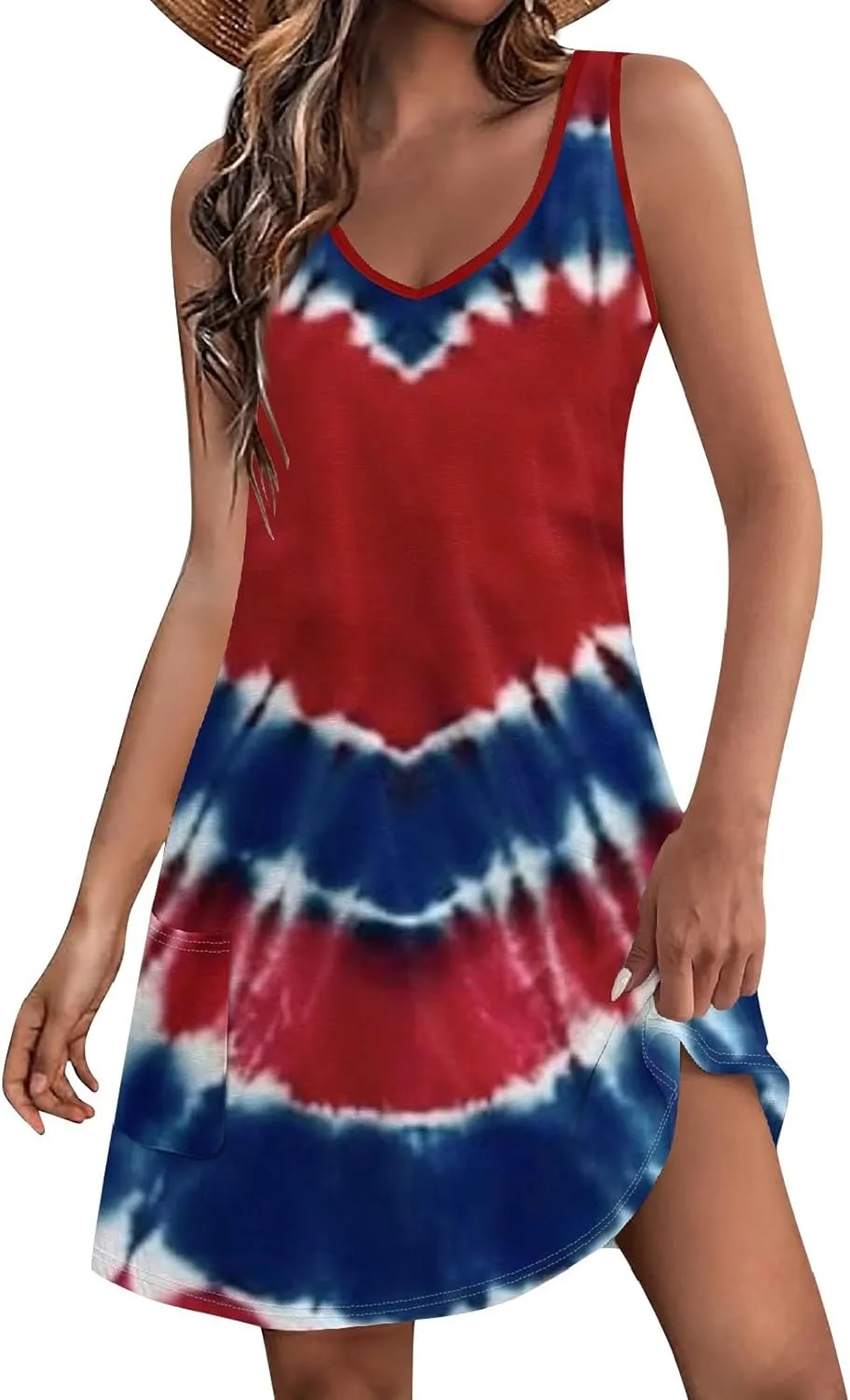 Womens American Flag Midi Sundress V Neck Independence Day Tank Dress Baggy Boho Patriotic Beach Sun Dress w/Pockets