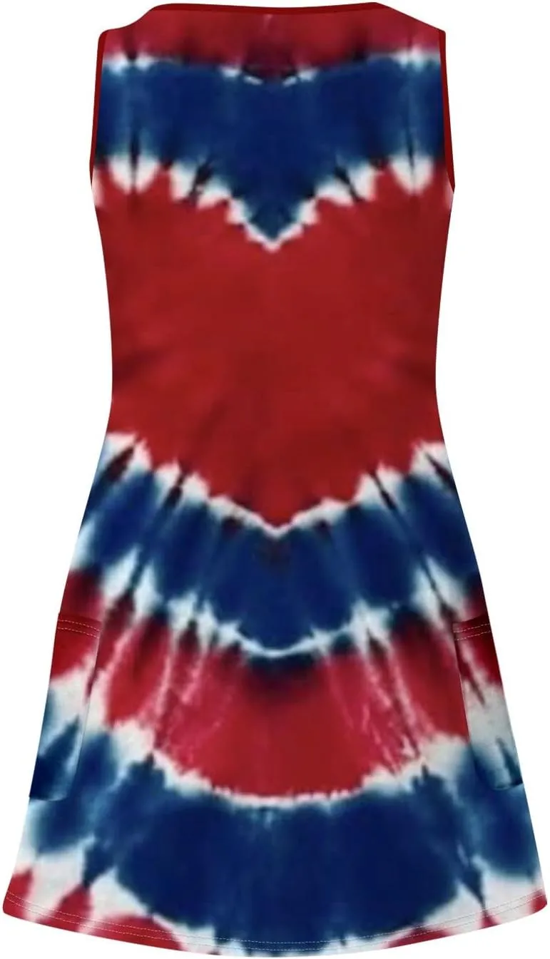 Womens American Flag Midi Sundress V Neck Independence Day Tank Dress Baggy Boho Patriotic Beach Sun Dress w/Pockets