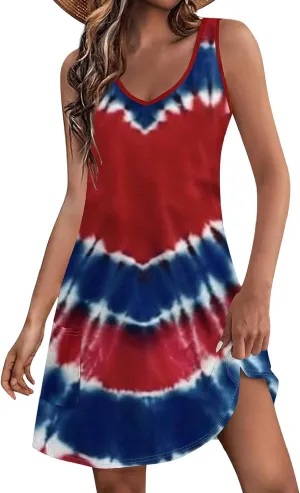 Womens American Flag Midi Sundress V Neck Independence Day Tank Dress Baggy Boho Patriotic Beach Sun Dress w/Pockets