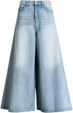 Women's Artistic Retro high Waisted Wide Leg Jeans with Large Swing Skirt Trousers, Washed Denim Big Foot Pants