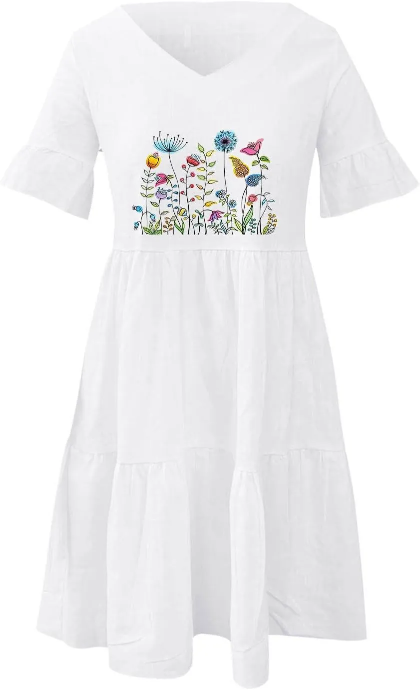 Women's Babydoll Ruffle Spring Dress Floral Pirnt Short Mini Dress V Neck Tiered Causal Dresses Cute Fashion Outfits 2023