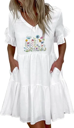 Women's Babydoll Ruffle Spring Dress Floral Pirnt Short Mini Dress V Neck Tiered Causal Dresses Cute Fashion Outfits 2023