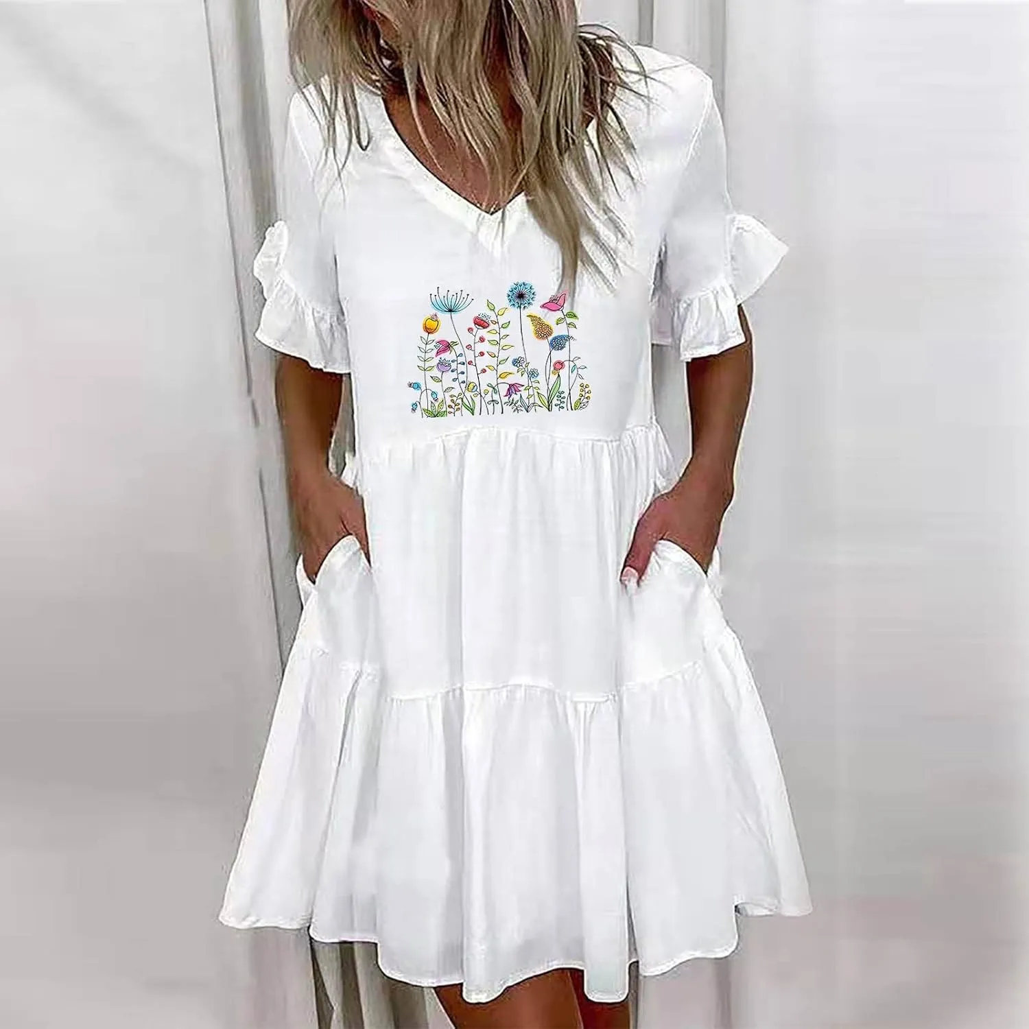 Women's Babydoll Ruffle Spring Dress Floral Pirnt Short Mini Dress V Neck Tiered Causal Dresses Cute Fashion Outfits 2023