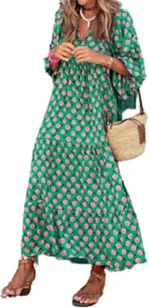 Women's Bohemian Dress Summer V-Neck Puff Sleeve Floral Maxi Dress Beach Sundress