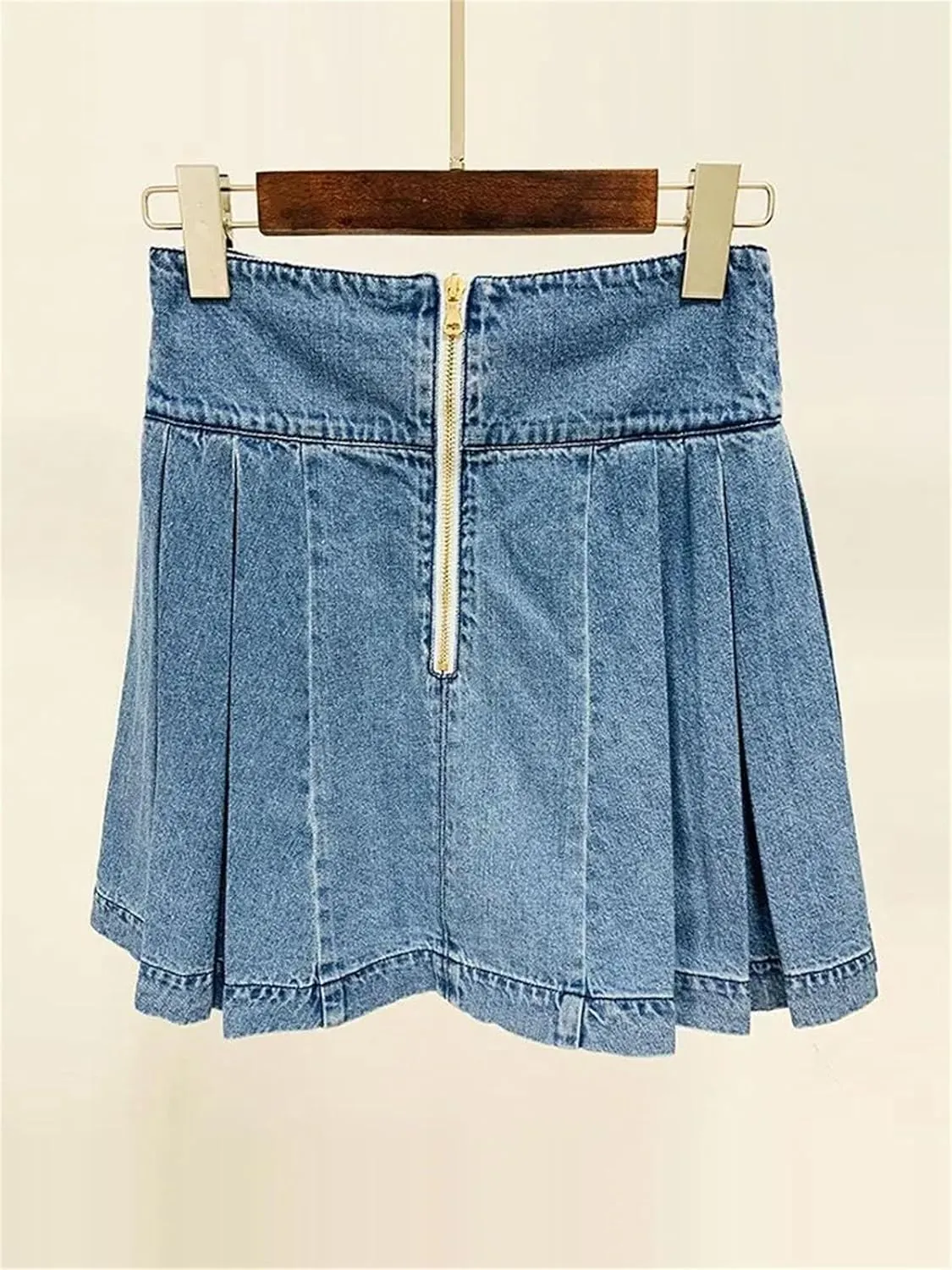 Women's Buttons Pleated Mini Denim Skirt Fashion Solid Slim Stretch Low Waisted Jean Skirt