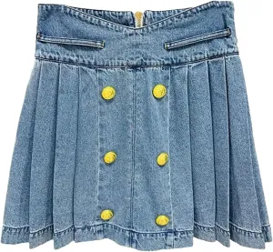 Women's Buttons Pleated Mini Denim Skirt Fashion Solid Slim Stretch Low Waisted Jean Skirt